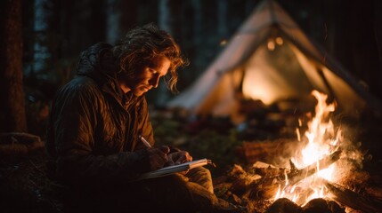 Solo camper writing in a journal by the fire 