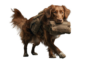 Nova Scotia Duck Tolling Retriever Holding Training Bite Sleeve in Mouth, Army K9 Drill, Isolated on Transparent Background