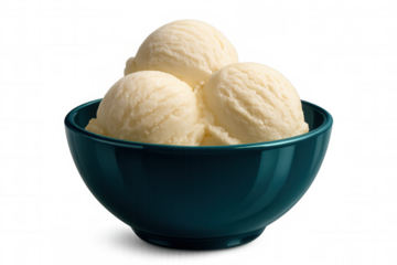 Vanilla ice cream scoops cascading over teal ceramic bowl, spilling against transparent backdrop, highlighting creamy dessert texture