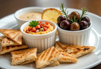 Assorted gourmet Mediterranean plate with creamy dips olives and grilled pita bread served on