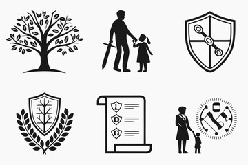 Collection of Diverse Black and White Icons Representing Security Family and Growth.