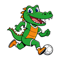 Fototapeta premium Cartoon alligator playing soccer in a striped shirt, vector character illustration