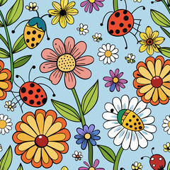 Whimsical seamless pattern featuring colorful cartoon ladybugs and cheerful daisies on a light blue background