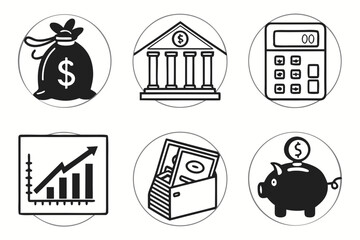 Financial Icons Money Bag Bank Calculator Growth Chart Cash Box Piggy Bank.