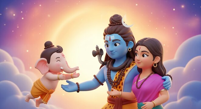 Happy Ganesh Chaturthi 2025 minimalistic poster with Lord Shiva and Parvathi and festive themed elements