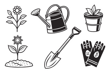 Gardening Tools and Plants Illustration.