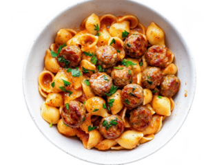 Delicious pasta with meatballs and tomato sauce in a bowl isolated on transparent background