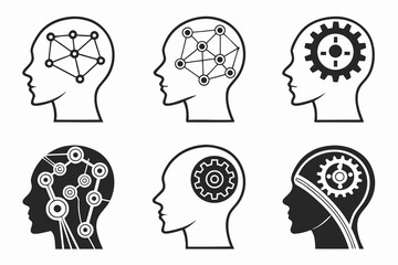 Human Head Icons Representing Brain Function and Technology.