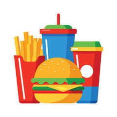 Colorful vector illustration of cheeseburger, french fries, soda cup, and coffee cup for fast food and takeaway design
