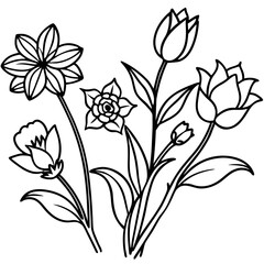 A delicate line art illustration of a variety of blooming flowers including tulips and daffodils on a white background