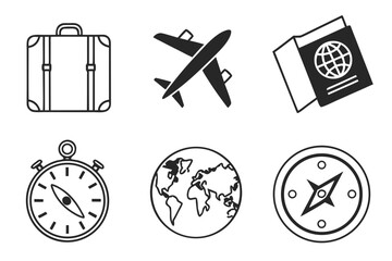 Travel Icons Suitcase Airplane Passport Compass Globe.