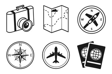 Travel Icons Suitcase Map Compass Airplane Passport.
