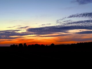 Fantastic colorful sunset sky, trees silhouettes, natural sunset landscape background