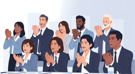 Diverse group of business professionals applauding, showcasing teamwork and success in a corporate setting.
