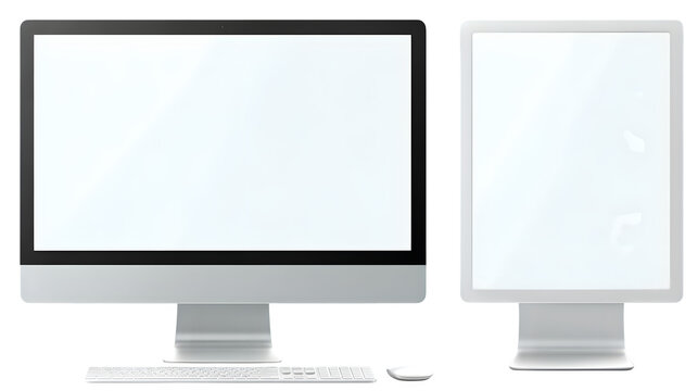 desktop computer with dual monitor setup, minimalist style, transparent background