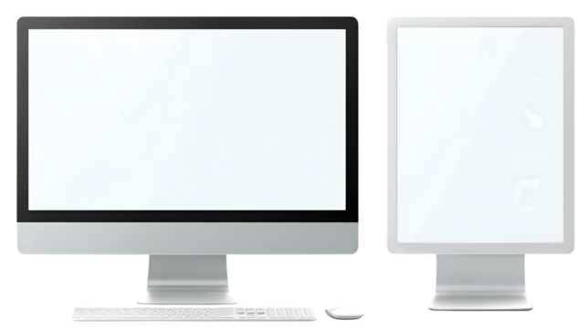 desktop computer with dual monitor setup, minimalist style, transparent background