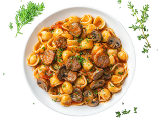 Delicious orecchiette pasta with sausage and mushrooms isolated on transparent background