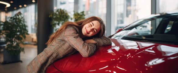The joyful girl embracing a sleek red car in a vibrant dealership setting.