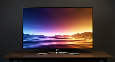 Fototapeta premium Stylish LED TV mockup on table with vibrant screen display, cozy inviting ambiance, natural side light, modern home decor, clean and minimal style
