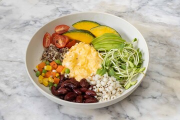 Vegetarian breakfast bowl with scrambled eggs and grains
