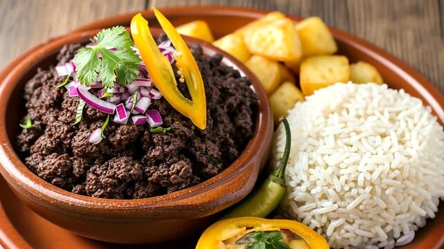Morcilla, Traditional Spanish Black Pudding, Rice and Fried Potatoes: Delicious Cuisine