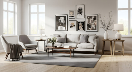 **Stylish mockup with multiple modern art posters displayed in a contemporary living room, framed and evenly spaced on the wall, with natural light streaming through large windows creating a bright, i