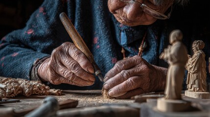 Artisan at Work: A skilled artisan, hands weathered by time, delicately sculpts a wooden figure with precision, capturing the essence of craftsmanship and heritage.