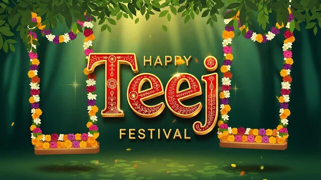 Enchanting Happy Teej Festival Animated Greeting with Floral Swings in a Lush Garden