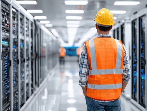 Engineer in safety vest and helmet walks in server room, checking equipment, inspecting data center.
