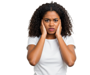 Upset woman covering ears with hands png isolated on transparent background