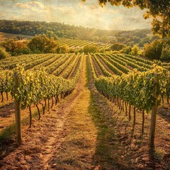 Fototapeta premium Rustic Vineyard Rows Neat rows of grapevines in a sunlit vineyard with warm rustic tones pastoral and inviting