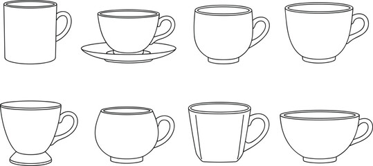 Black and white coffee and tea cup icons, vector illustration of drinkware, kitchenware silhouettes, beverage mugs and teacups, isolated design set