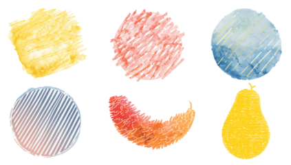 Artistic watercolor shapes in yellow, pink, blue, and orange tones scattered with transparency