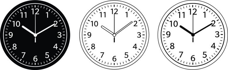 Black and white wall clock vector set, analog timepieces with modern design, isolated round clock faces for home, office, and decor