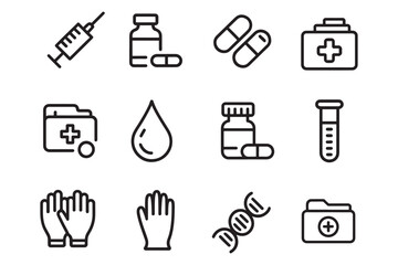 Medical Healthcare Icons Syringe, Pills, DNA, Gloves, Test Tube, First Aid Kit, and Blood Drop for Science and Health