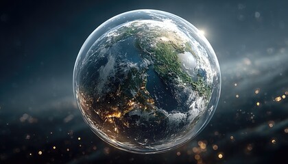 Earth encased in a transparent sphere, floating in space