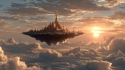 A majestic castle sits atop a floating island amidst a breathtaking sunset and clouds