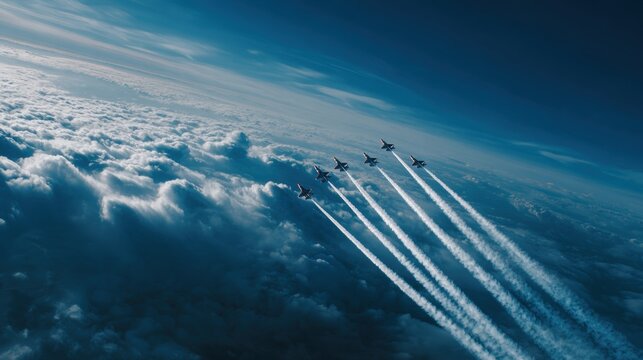 Aerial Acrobats: A squadron of jet planes streaks across a vast, cloud-filled sky, leaving trails of condensation in their wake. Capturing the thrill of flight, teamwork and the beauty of aviation.