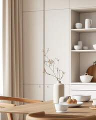 Minimalist Kitchen Interior with Wooden Table and White Ceramic Decor