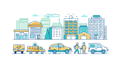 Cityscape illustration with buildings cars and people vector design urban scene modern city life architecture