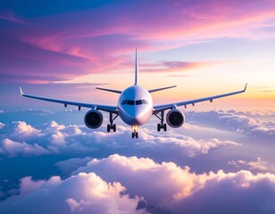 Airplane soaring above clouds at sunset