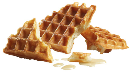 Broken crispy waffles isolated on a white background