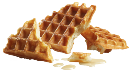 Broken crispy waffles isolated on a white background