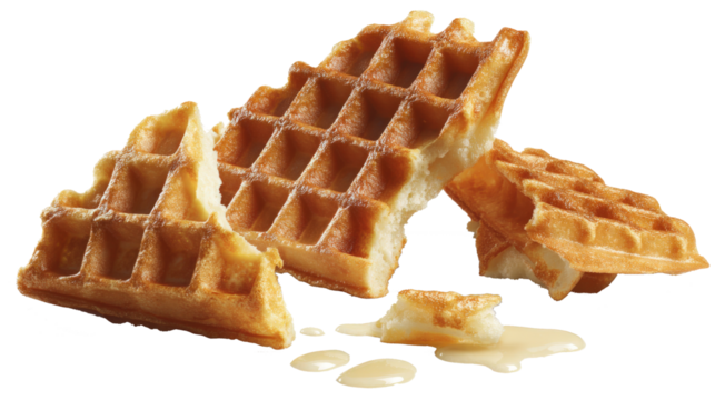 Broken crispy waffles isolated on a white background