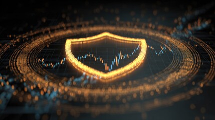 Digital Shield: A dynamic digital shield illuminates, overlaying financial charts, symbolizing the protection of assets and secure transactions in the digital sphere.