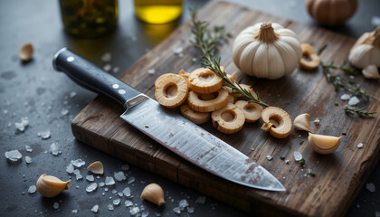Close up of sliced mushrooms and garlic cloves on rustic wooden cutting board with kitchen knife