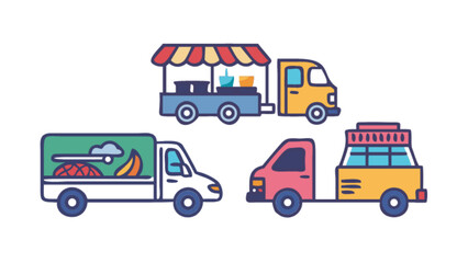 Food trucks and delivery vehicles illustration for mobile food business and street food vendors concept