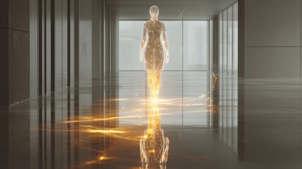 Digital Aura in Hallway: A futuristic scene depicts a figure bathed in digital aura, reflected on a sleek, modern floor within an advanced hallway, hinting at a visionary future.