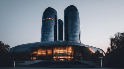 Modern architectural complex at dawn.