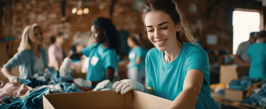 The smiling volunteer sorting clothes in a community donation center.